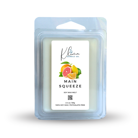Main Squeeze Wax Melts – citrus and peach scented soy wax cubes for a bright, juicy fragrance.
