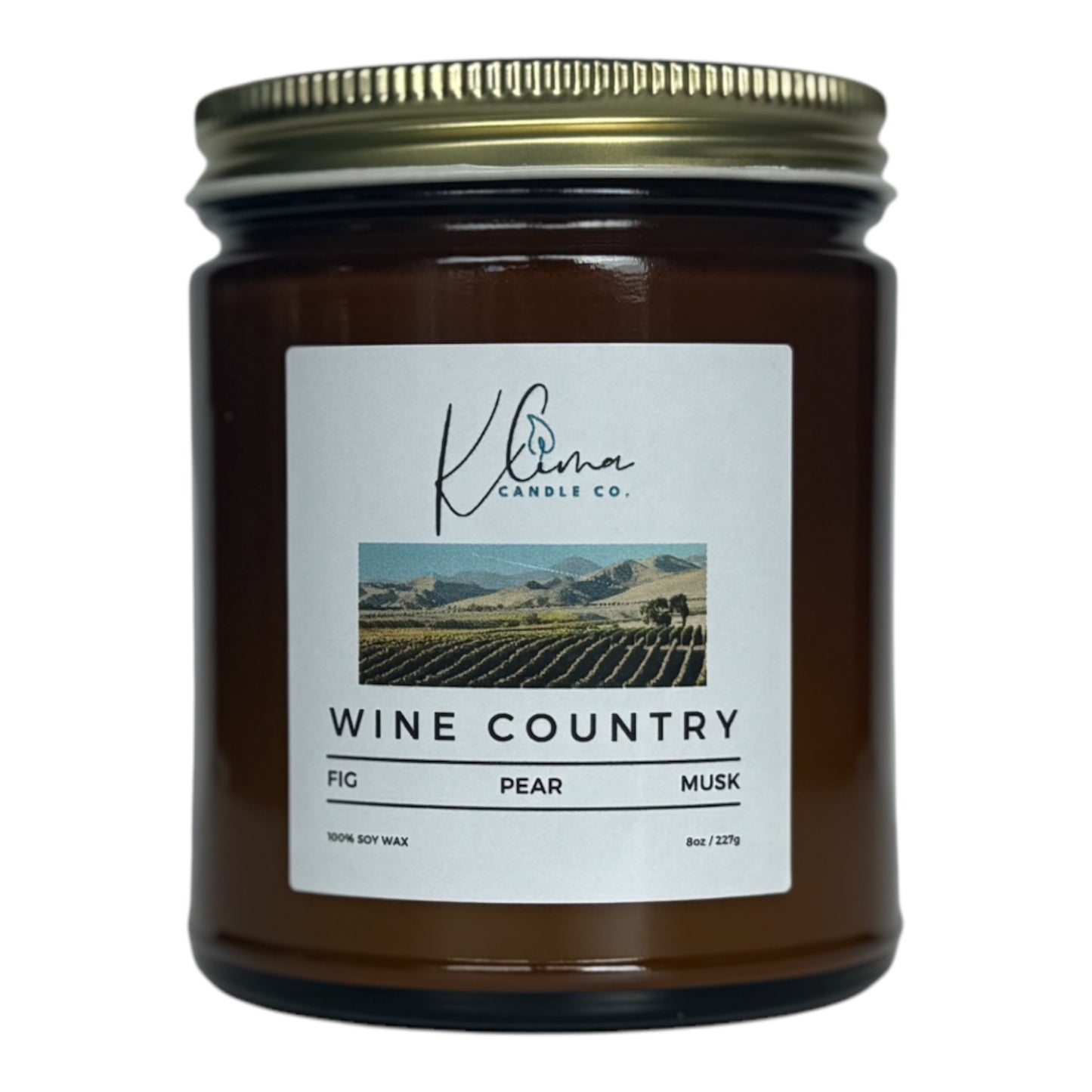Wine Country Candle by Klima Candle Co. – A luxurious scent featuring fig, pear, and white musk in a stylish jar.