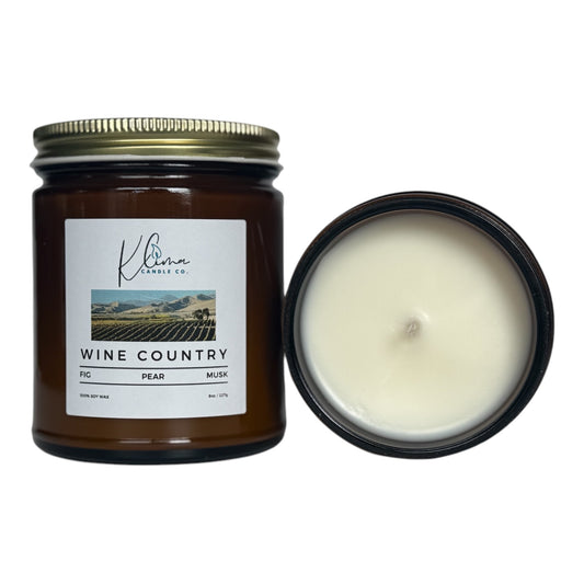 Wine Country Candle by Klima Candle Co. – A luxurious scent featuring fig, pear, and white musk in a stylish jar.