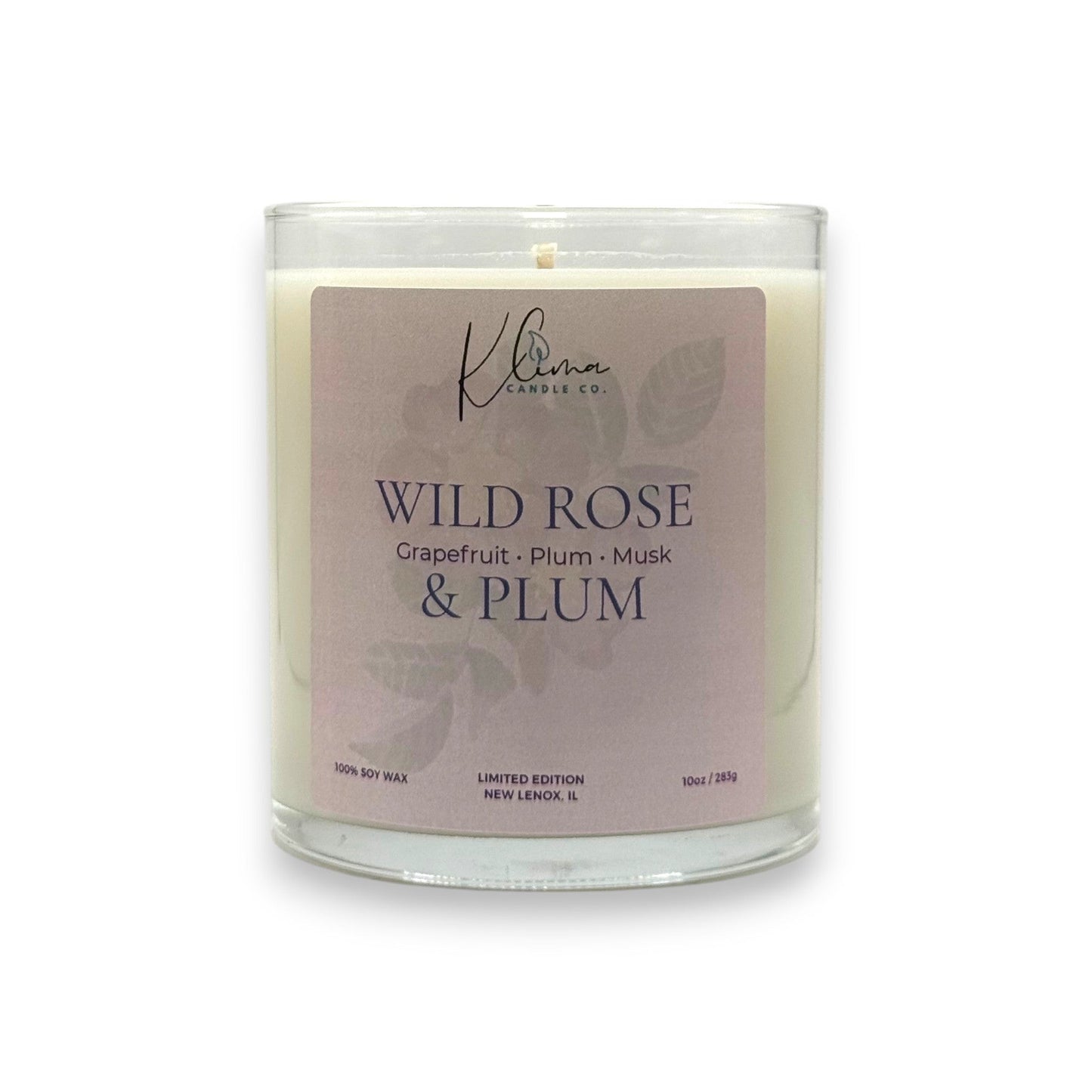 Klima Candle Co. Wild Rose & Plum 10oz soy wax candle with grapefruit, plum, and musk notes.