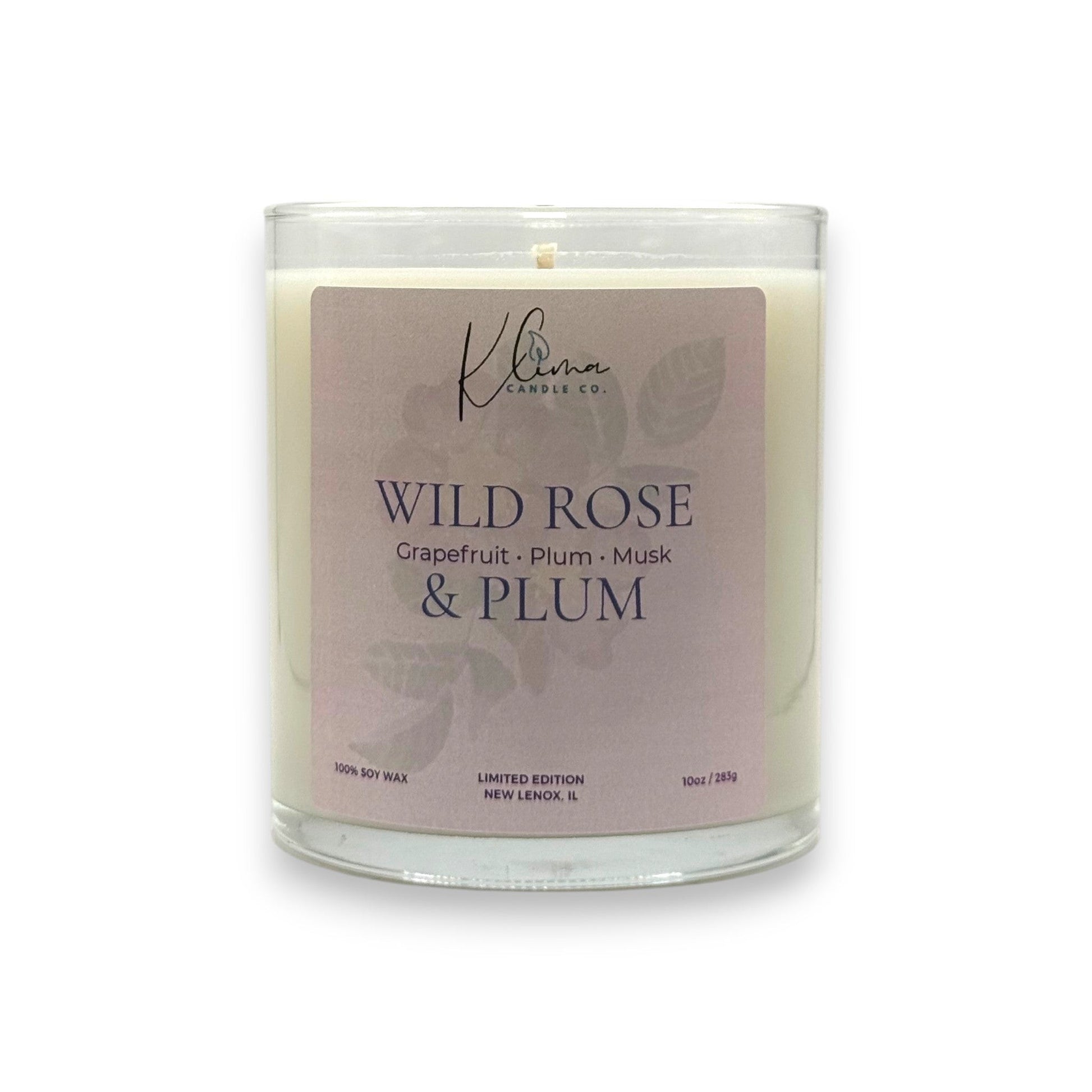 Klima Candle Co. Wild Rose & Plum 10oz soy wax candle with grapefruit, plum, and musk notes.